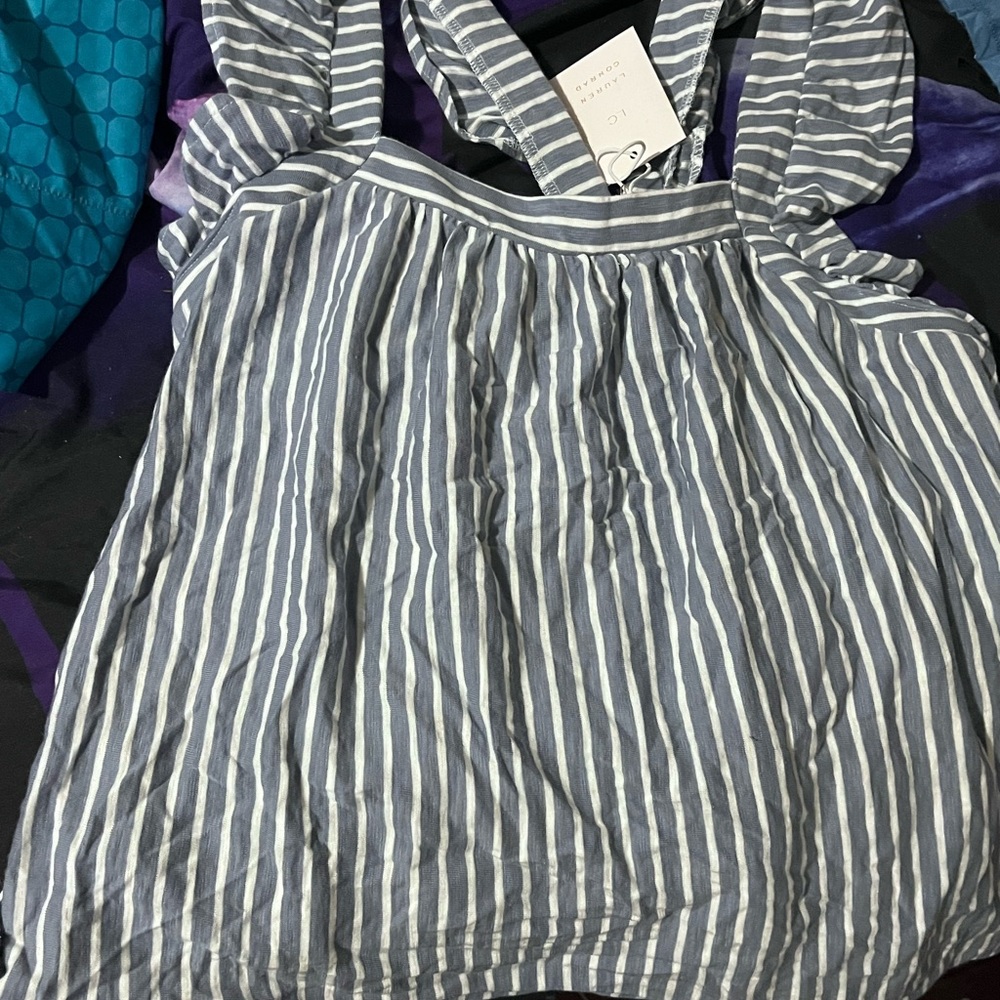 LC Lauren Conrad Blue and White Ruffle Sleeve Tank